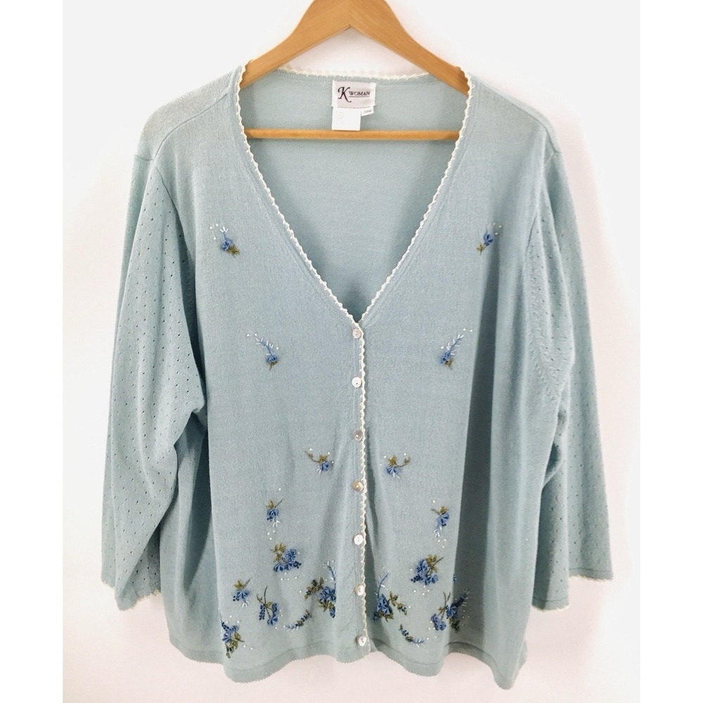 VTG Cottagecore K Woman Sz 24W Blue Pastel Floral Embroidered Sweater FF28
